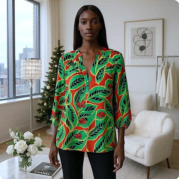 Crown & Ivy Green Floral Frond Tunic Holiday Christmas Women's Blouse  Large - Picture 1 of 11